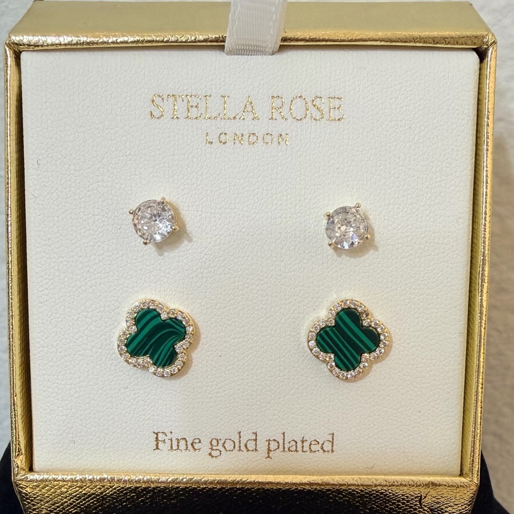 Stella Rose London Gold Plated Earring Set Malachite‎ Clover & Clear Studs - Picture 3 of 5